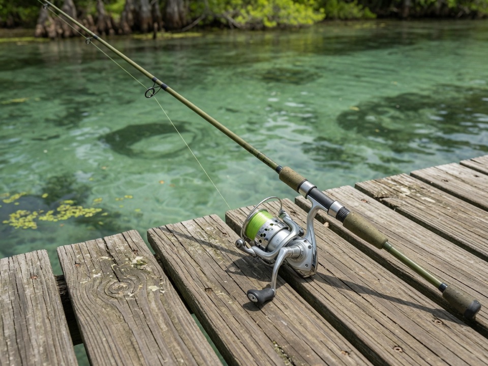 Spinning rod and reel on a Florida spring dock